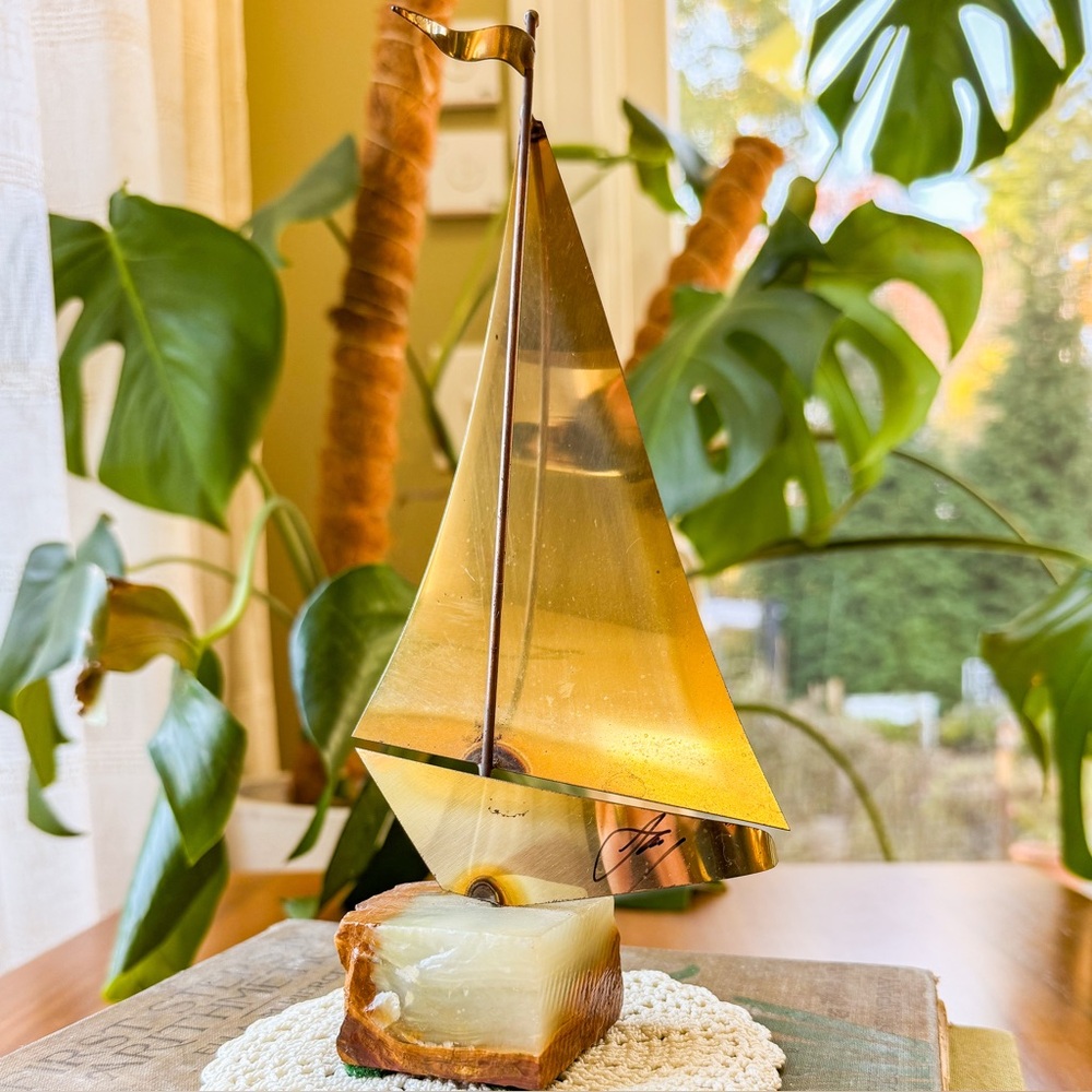 Midcentury Brass Sailboat Sculpture on Raw Edge Onyx Base -Signed Nautical Decor